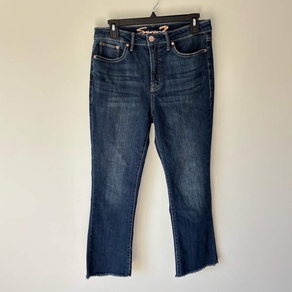 Seven7 High-Rise Raw Hem Cropped Fashion Jeans Dark Wash Denim Straight Leg